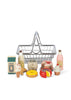 The Konges Sløjd Mini Market Grocery Set features a metal shopping basket surrounded by vibrant play food groceries, including milk, juice, cookies, cakes, cheese, a sandwich, an ice cream cone, and cupcakes. Colorful items are neatly arranged in front of the basket for realistic market play.