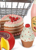 A toy cake with cherries, a cupcake, a wax-coated cheese wheel, and a pink bottle are arranged in front of the metal basket from the Konges Sløjd Mini Market Grocery Set.