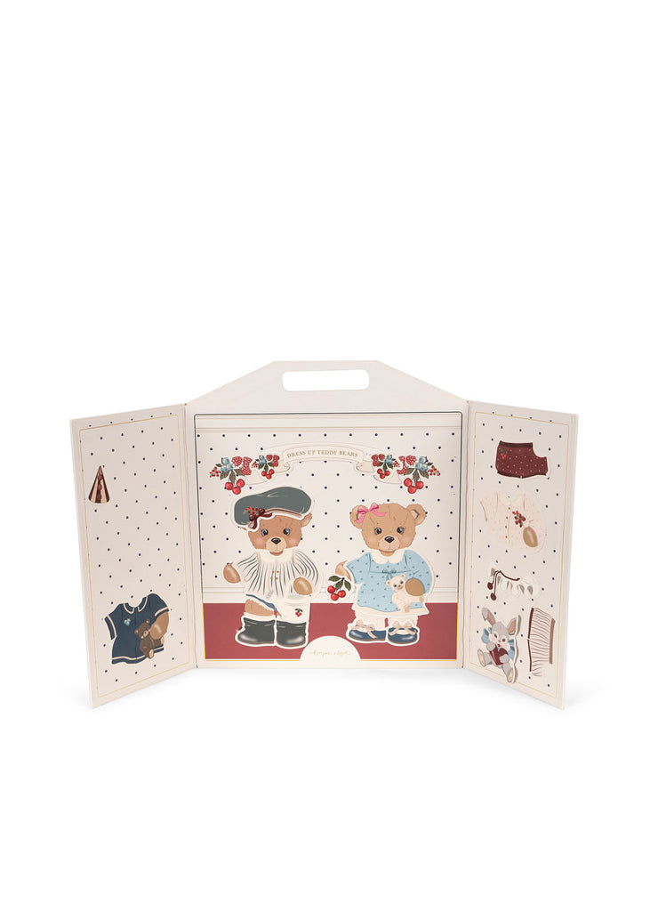 Discover the Konges Sloejd My Sticker World Book Set - Teddy, featuring a fold-out display with two illustrated teddy bears and a delightful selection of dress-up stickers and accessories, all presented on a charming polka-dot background.
