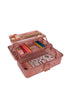 The Konges Sloejd Creative Art Caddy - Glitter Rose is a pink, glittery organizer with compartments that neatly hold colored pencils, markers, stamps, stickers, a ruler, and an eraser—all easily visible when the lid is open.