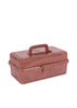 The Konges Sloejd Creative Art Caddy - Glitter Rose is a speckled, reddish-brown rectangular plastic art organizer featuring a sturdy top handle and secure front latch, designed to store kids' art supplies, shown against a white background.