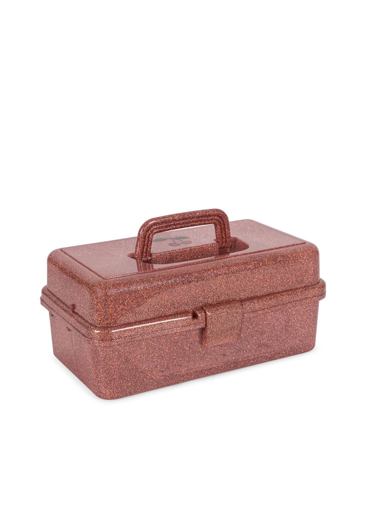 The Konges Sloejd Creative Art Caddy - Glitter Rose is a speckled, reddish-brown rectangular plastic art organizer featuring a sturdy top handle and secure front latch, designed to store kids' art supplies, shown against a white background.