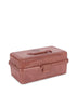 The Konges Sloejd Creative Art Caddy in Glitter Rose is a brown-speckled plastic storage box featuring a convenient top handle and a secure front latch, ideal as a tool box for organizing kids’ art supplies, shown against a white background.