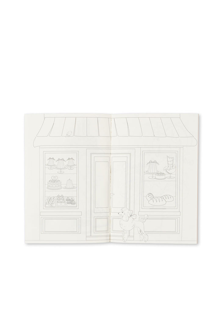 A charming sketch of a bakery storefront with pastries in the display windows, a poodle standing outside, and a cat perched in one window—perfect inspiration for creative projects using the Konges Sloejd Creative Art Caddy - Glitter Rose.