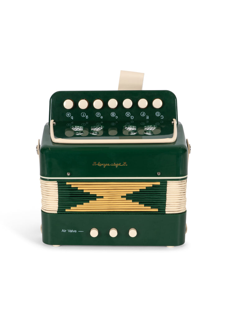 A dark green Konges Sloejd Accordian for kids featuring white buttons, labeled keys, and a gold-accented bellows.