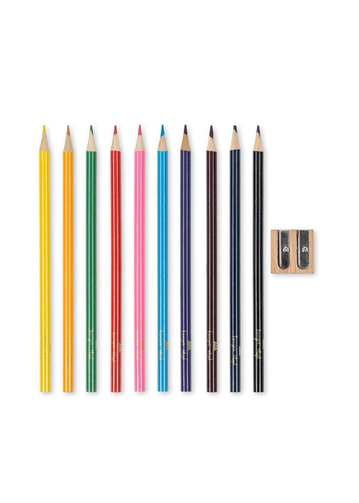 Ten colored pencils from the Konges Sloejd Creative Art Caddy - Glitter Rose are arranged in a row by color from yellow to black, with a double pencil sharpener placed to the right of the pencils on a white background.