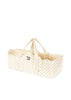 The Konges Sloejd Doll Lift - Estate Dot is a soft, cream-colored quilted cotton carrier with black polka dots, scalloped edges, double handles, a cherry embroidery on the side, and OEKO-TEX certification for safety.