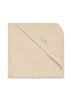 A Konges Sloejd Organic Cotton Baby Towel, beige in color, is laid flat on a white background. The soft baby towel features a hood with a small embroidered design of two yellow ducks.