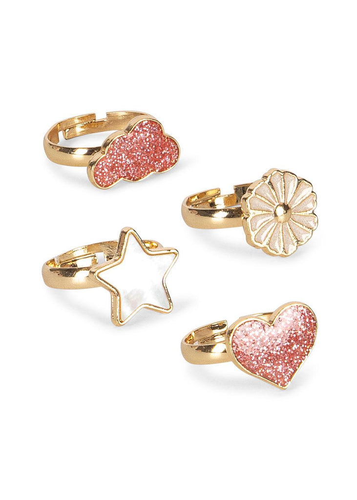 Twelve gold adjustable rings from the Konges Sloejd 12 Pack Ring Set, each with a unique decorative motif—including pink glitter clouds, white flowers, stars, and pink glitter hearts—are displayed on a white background. The adjustable bands make them perfect for little fingers.