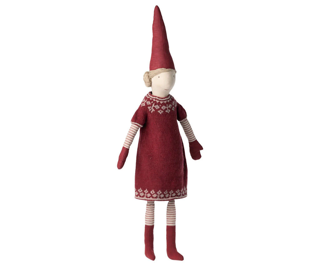 A Maileg Small Mrs. Clause doll wearing a red sweater dress with a Nordic pattern and a tall, pointed red hat, standing against a white background. The doll’s face is featureless, with stitched ears.