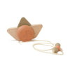 A Handmade Wooden Boat Pull Toy, handmade in Ukraine, with a large orange sphere as the main body, a triangular wing atop, and smaller beads attached to a string at the tail, isolated on a white background