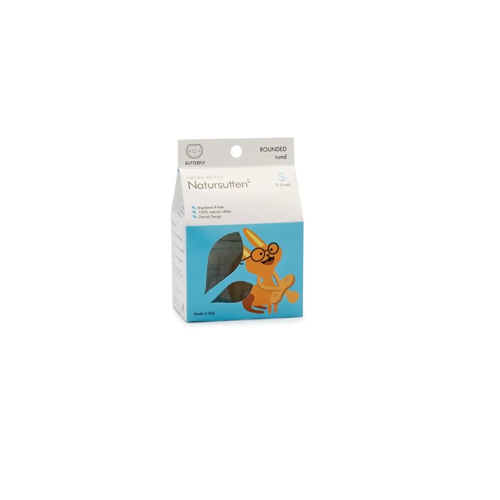 A package of Natursutten Butterfly Pacifier | 0-6 Months, small baby pacifiers, featuring a cartoon squirrel. The background is white, with blue and orange accents. The text and branding are visible.