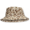 A patterned bucket hat with a tropical palm tree print in shades of brown and beige, designed from Dinosaur Swimwear material, displayed on a plain white background.