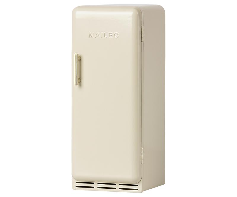 A cream-colored old-fashioned Maileg Miniature Fridge with the brand name "maleg" embossed on the top front, featuring a single door and a visible handle, set against a plain background.