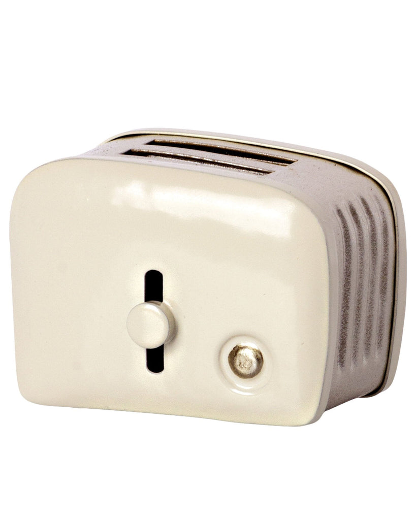 A Maileg | Miniature Toaster with two bread slots, a control knob on the side, and a push button, set against a plain background.