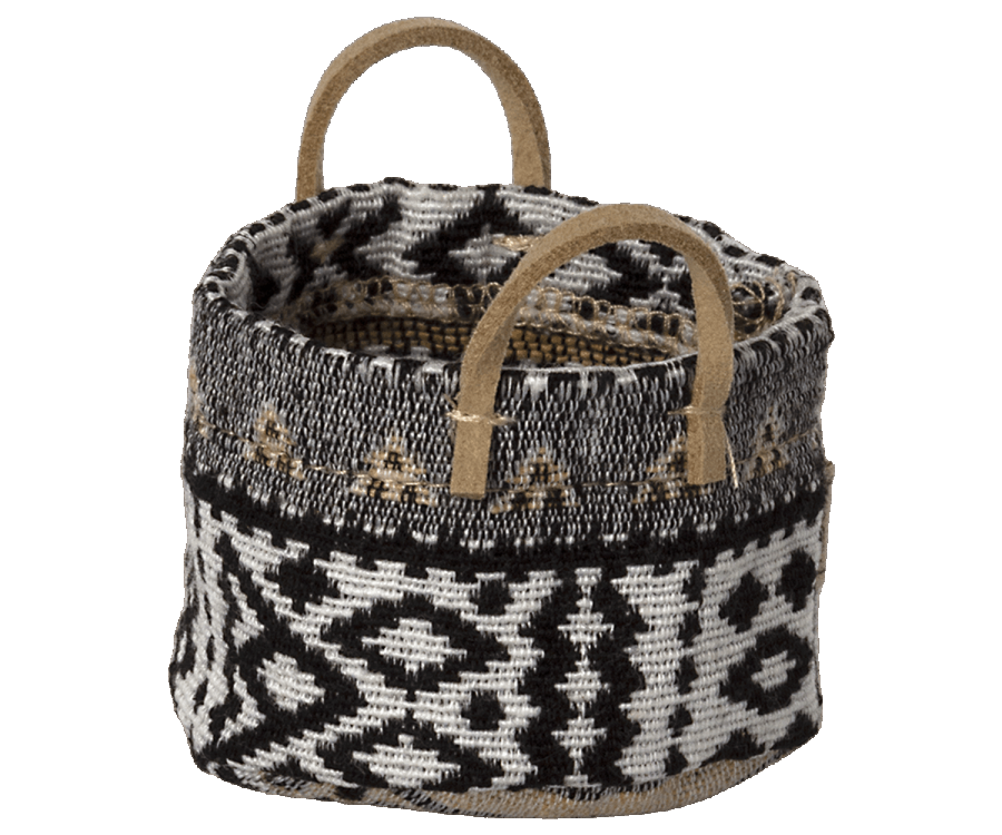 Maileg | Miniature Basket with a black and white geometric pattern and two sturdy brown handles, isolated on a white background.