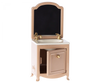 A child's Maileg Miniature Sink With Mirror in pastel pink with a removable gold-trimmed oval mirror, gold handles, a small drawer, and a cupboard.