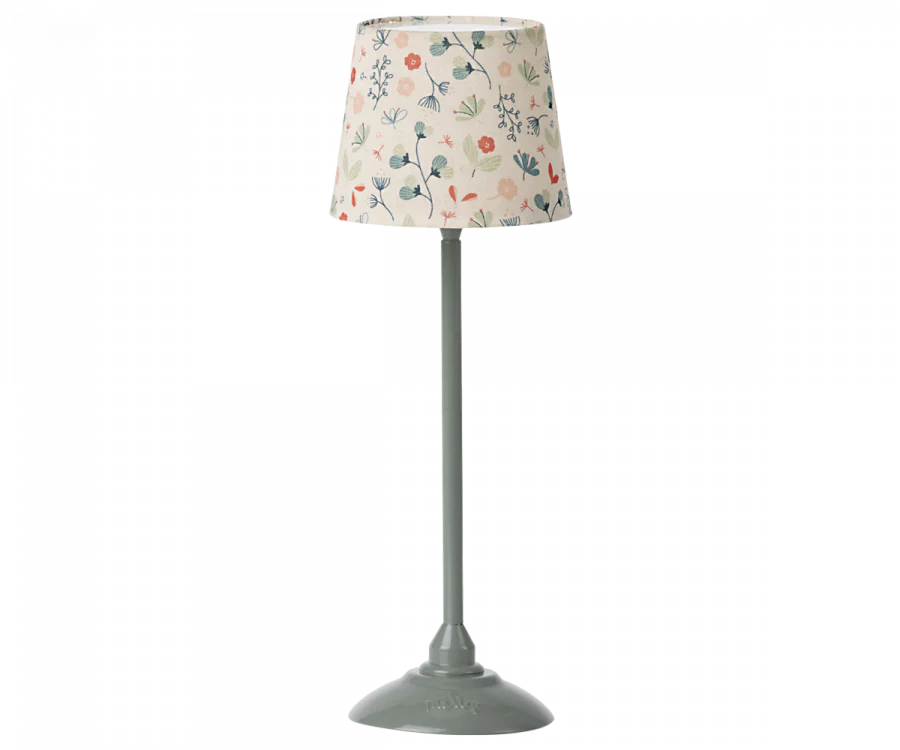 An elegant Maileg Miniature Floor Lamp - Tall with a floral patterned lampshade and a classic gray base, designed specifically for children's lighting, isolated on a black background.