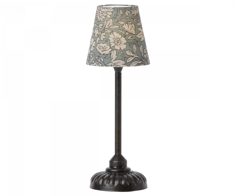 A vintage Maileg Vintage Mouse Lamp - Small with a floral patterned lampshade and ornate black metal base, isolated on a solid background. SKU: 11-2123-00