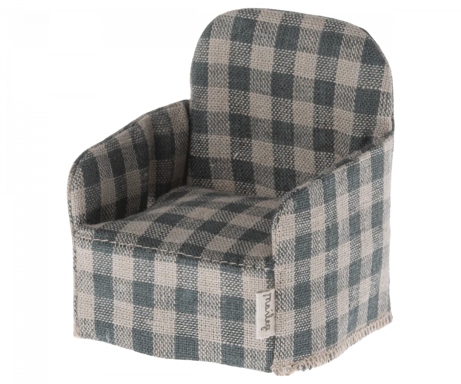 A small, cozy Maileg Plaid Chair upholstered in a gray and white checkered fabric, designed for a child, shown against a plain background.