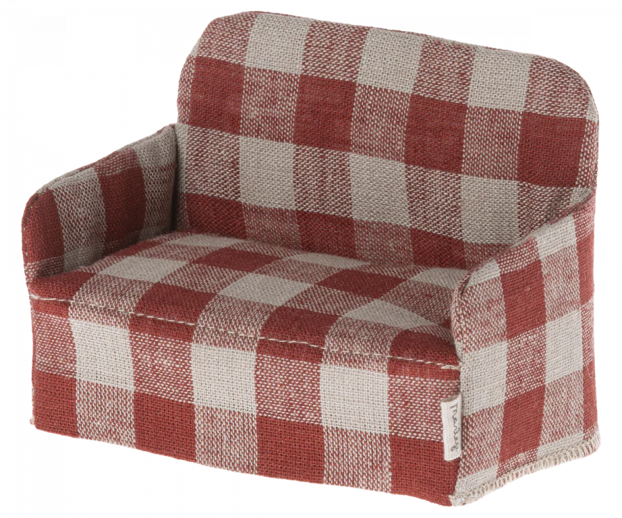 A small, plaid-patterned Maileg Plaid Couch with a red and white checkered design. Perfect for small Maileg friends, the couch has a cushioned seat, a backrest, and armrests, all upholstered in the same charming fabric pattern.