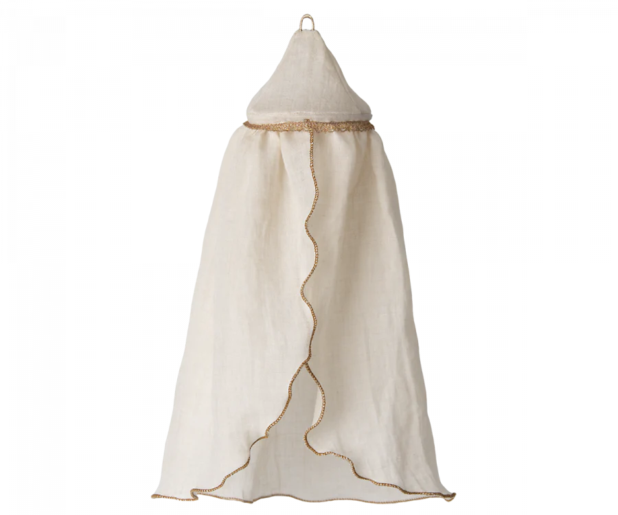A Maileg Mini Bed Canopy with a conical top, featuring gold trim along the edges. The fabric is semi-transparent and extends downward from the cone, creating a flowing, draped appearance perfect for bed decoration. Ideal for hanging from a bedroom ceiling with its convenient top loop.