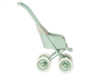 A Maileg Miniature Stroller, Micro - Mint with a high handle, large spoked wheels, and a dotted pattern on the seat, isolated on a white background.
