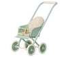 A Maileg Miniature Stroller, Micro - Mint with a cushioned, floral-patterned seat and matching sunshade, featured against an isolated background.