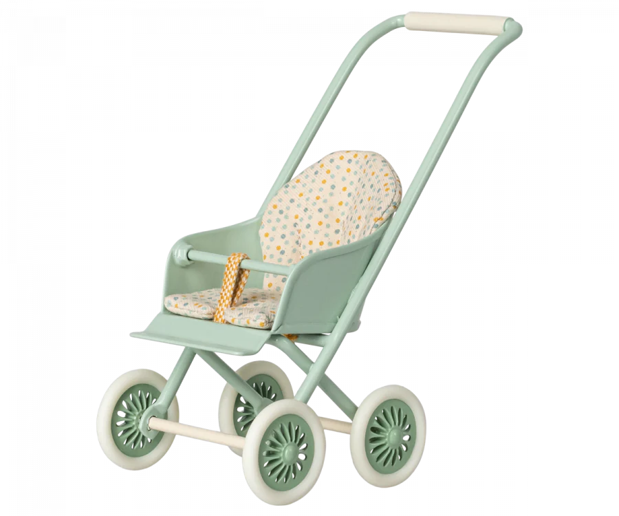 A Maileg Miniature Stroller, Micro - Mint with a cushioned, floral-patterned seat and matching sunshade, featured against an isolated background.