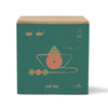 A teal-colored toy box featuring a minimalist design of a Handmade Wooden Boat Pull Toy with planets and stars, labeled "2 toys in 1" and "pull toy" with the babai toys logo, handmade in