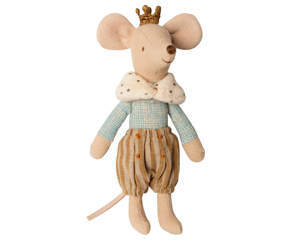 A Maileg Royal Mouse wearing a crown, blue checkered shirt, striped brown pants, and a bow tie, isolated on a white background.