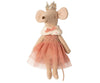 A Maileg Royal Mouse in a crown and pink tutu, standing against a white background. The Queen Mouse has a soft beige body and wears a sparkly top and fluffy pink scarf.