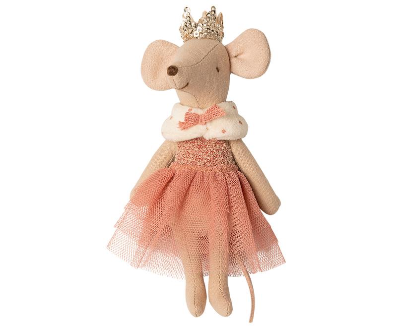 A Maileg Royal Mouse in a crown and pink tutu, standing against a white background. The Queen Mouse has a soft beige body and wears a sparkly top and fluffy pink scarf.