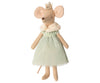 A Maileg Royal Mouse wearing a green dress and a golden crown, standing upright against a white background. The mouse has long limbs, large ears, and a gentle expression.