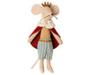 A Maileg Royal Mouse wearing a red cape, a golden crown, and striped pants, isolated on a white background. The mouse has detailed facial features and a regal posture.