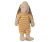 A Maileg Micro Bunny plush toy wearing a striped suit, standing upright with long droopy ears and a gentle smile.