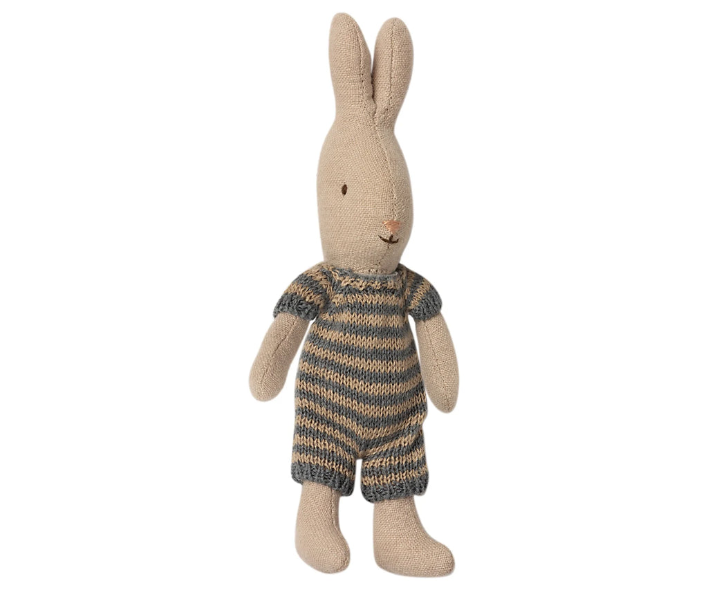A Maileg Micro Rabbit toy with a cotton linen blend striped jumpsuit, standing upright against a white background. The toy features embroidered eyes and mouth.