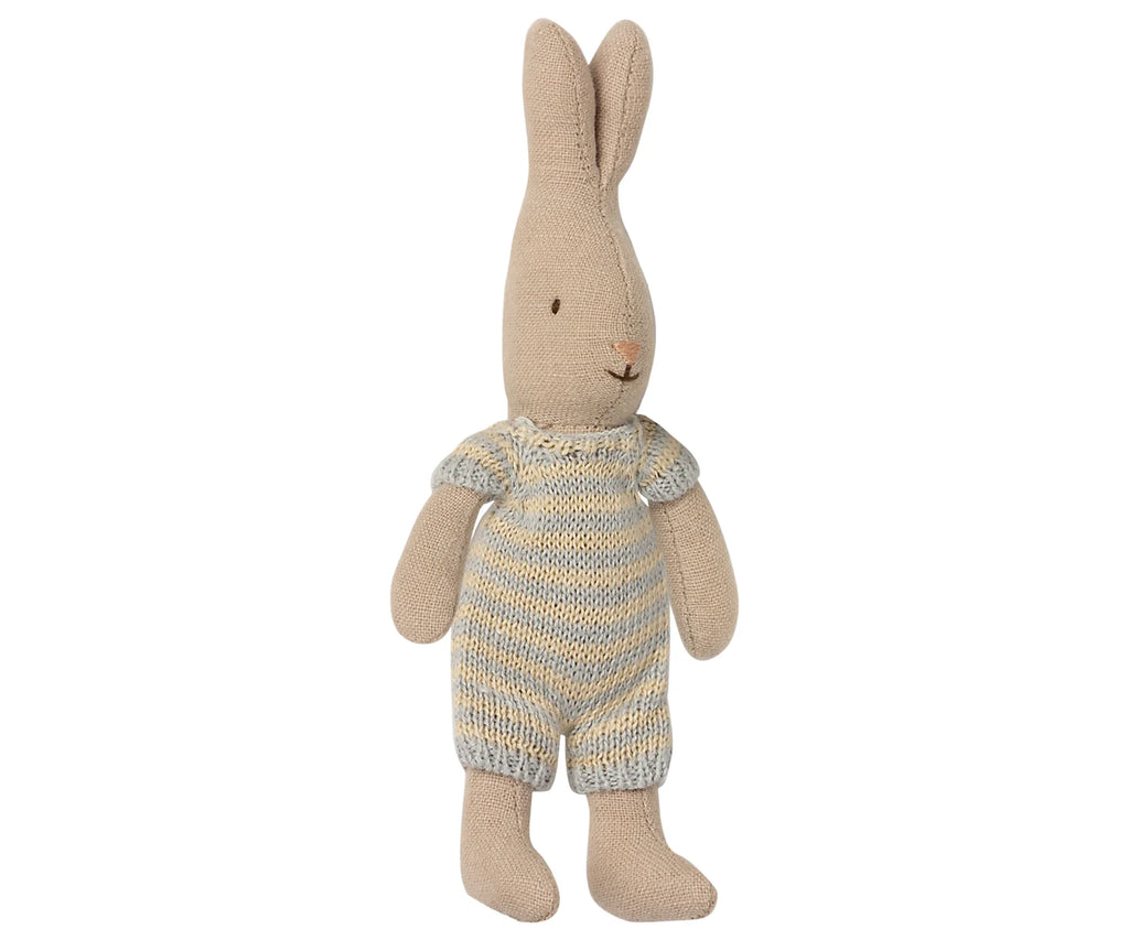 A Maileg Micro Rabbit wearing a pastel blue and yellow striped knitted suit, standing upright with a gentle smile.