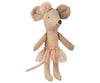 A Maileg Ballerina Mouse - Little Sister (Light Pink) with large ears and a rose tutu, standing upright against a white background. The mouse features a stitched face and a knitted body.