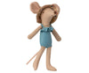 A Maileg Beach Mouse - Mom wearing a blue swimsuit and a floral-patterned sun hat. With a long tail, large round ears, and a smiling face, this whimsical toy is perfect for vacation time at the beach house.