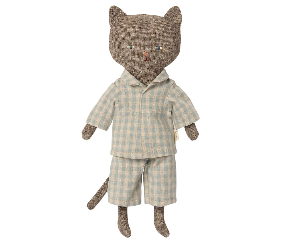 A Maileg Cat Stuffed Animal toy, dressed in a checkered blue and white hooded shirt and matching pants from the Best Friends collection, displayed against a white background.