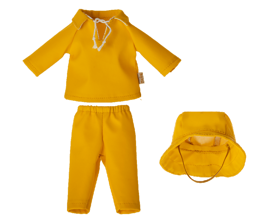 Introducing the charming Maileg Extra Clothing set: Rainwear for Teddy Dad, which includes yellow doll clothes featuring a long-sleeve top with white ties at the neck, coordinating pants, and a stylish wide-brimmed bucket hat.