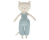 A handmade Maileg Cat Stuffed Animal standing upright, wearing a teal knitted overall, featuring large eyes and whiskers, crafted from textured light gray fabric on a black background.