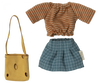Maileg Mum Mouse orange and white striped sweater, blue checkered skirt, and a yellow bag with button details, isolated on a transparent background.