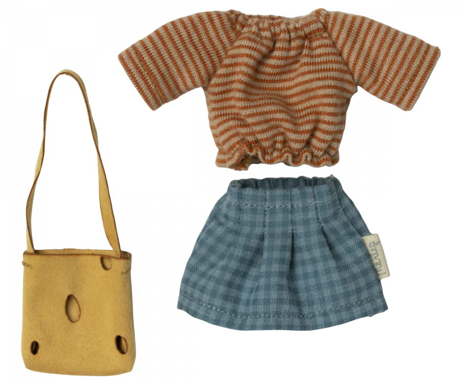 Maileg Mum Mouse orange and white striped sweater, blue checkered skirt, and a yellow bag with button details, isolated on a transparent background.