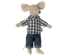 A Maileg Dad Mouse dressed in a plaid shirt and denim shorts, standing against a black background.