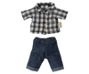 A plaid shirt with rolled sleeves and a pair of jean shorts, both for a child, displayed on a black background, sized perfectly for a Maileg Dad Mouse.