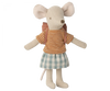 A plush toy mouse modelled standing, wearing a striped orange and white sweater and a green and white checkered skirt from the Maileg Extra Clothing: Clothes & Bag for Big Sister - Old Rose set, with a small pink backpack.