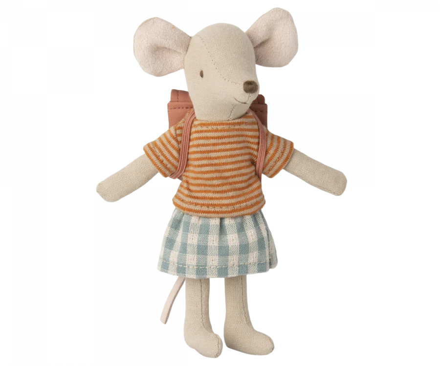 A plush toy mouse modelled standing, wearing a striped orange and white sweater and a green and white checkered skirt from the Maileg Extra Clothing: Clothes & Bag for Big Sister - Old Rose set, with a small pink backpack.