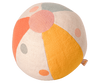 A Maileg Rattle Ball with brightly colored sections in shades of pink, orange, yellow, and gray. The ball has a patchwork design with various shapes and a small fabric tag attached, adding a playful accent to this delightful toy.